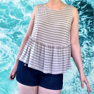 Max Studio Champaign and Navy Striped Babydoll Peplum Tank Top, Size M